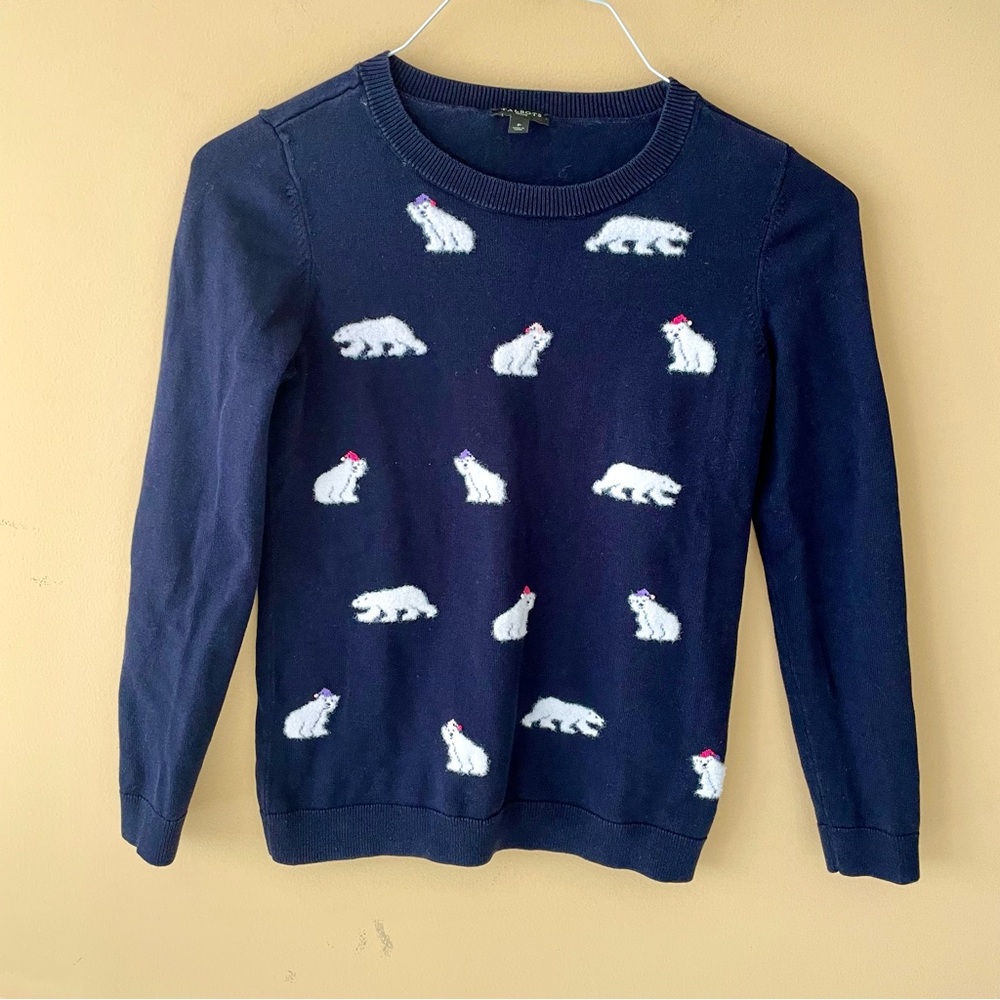 🔻LAST CHANCE🔻 TALBOTS Women's Navy Blue Fuzzy Polar Bear Cotton Blend Sweater - Picture 2 of 7